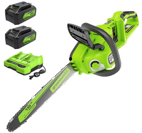 Greenworks 48V (24V x 2 ) 16 Brushless Cordless Chainsaw (Great For Tree Felling, Limbing, Pruning, and Firewood / 200+ Compatible Tools), (2) 4.0Ah Batteries and Dual Port Rapid Charger Included