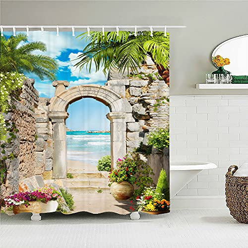 YUAOEUR 3D Landscape Shower Curtain,Stone Arch Sea Side View with Palm Trees Flowers Blue Sky Outdoor Picture Garden Bathroom Decor Fabric with Hook 71X 71 inch Green White