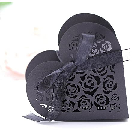 50 Scatoline Portaconfetti a Cuore Nere, Intaglio Rose, 9 x 8 x 3 cm | Nastri inclusi, da assemblare, contiene 1 cioccolatino o 1–4 caramelle piccole, per feste, anniversari e ricevimenti