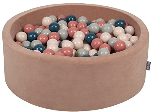 KiddyMoon Rund Bällebad Velvet Bällepool 90X30cm/200 Bälle ∅ 7Cm Ballgruben Für Babys Spielbad Kleinkinder, Hergestellt In Der EU, Wüstenrosa: Dunkeltürkis/Pastellbeige/Grüngrau/Lachsfarben