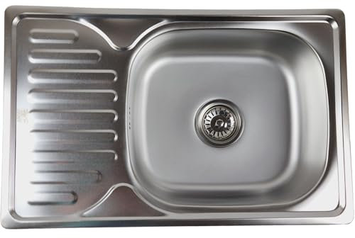 ANW HOME Stainless Steel Kitchen Sink with Drainer 66x42 cm with Siphon, Rectangular Stainless Steel, Satin Topmount Single Bowl
