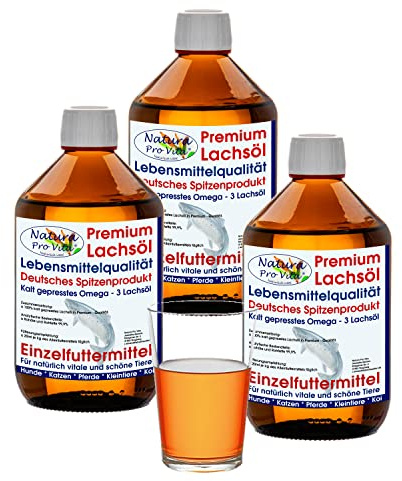 Lachsöl Katzen Lebensmittelqualität kaltgepresst Omega-3-Öl Katzen Natura Pro Vita gut für Haut Fell Immunkraft Fischöl Katzen Barföl 3L Glasflasche (3X 1L)