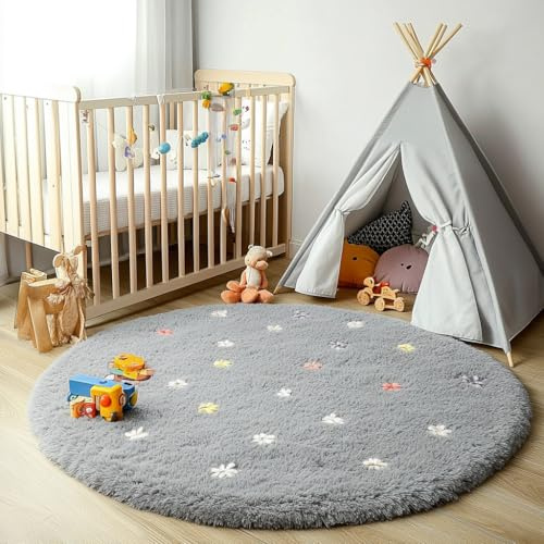 Tenekee Round Rugs for Bedrooms Fluffy Living Room Circle Area Rug Soft Shaggy Carpet for Kids Room Floor Mat (Grey, 80cm)