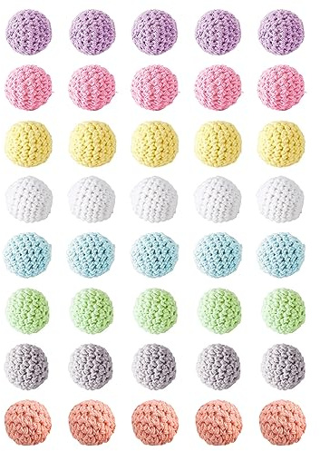 RoadLoo 40 Stück Gehäkelt Holzperlen, 20mm Bunt Runde Gehäkelt Holzperlen mit Loch zum Auffädeln Handgefertigt Natur Holzkugeln DIY Halskette Armband Selber Machen Basteln Crocheted Wooden Beads