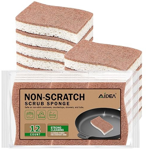 AIDEA Non-Scratch Scrub Sponge-12Count, Natural Sponges for Non-Stick Cookware, Kitchen Sponges, Cellulose Sponges for Dishes, Cleaning Sponge for Kitchen, Bathroom, Household
