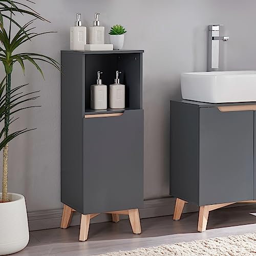 [en.casa] Badezimmerschrank Overath Midischrank schmaler Badschrank mit 1 Tür und offenem Ablagefach Beistellschrank Kommode 86x30x30cm Grau/Holzfarben
