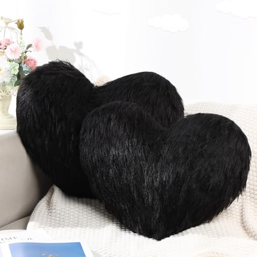 Enhon 2 Pcs Fluffy Heart Pillows Faux Fur Heart Shaped Plush Pillow Soft 20 x 15.7 Inch Love Throw Pillows with Insert for Decorative Office Home Bedroom Living Room Sofa(Black)