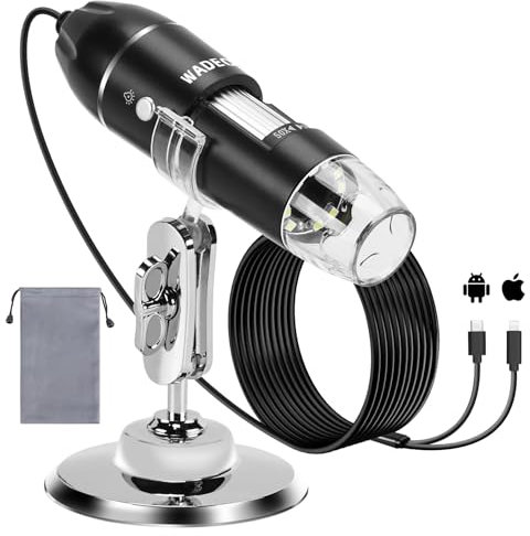 WADEO Digital Mikroskop, USB Mikroskop 1440P HD mit 50X-1600X Vergrößerung, Tragbare Inspektionskamera WiFi-frei, Kabeliges Handmikroskop mit 8 LED und Ständer, iOS, Android und Tablets kompatibel