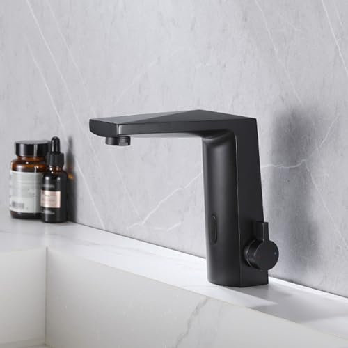 XJTNLB Wasserhahn mit Sensor Bad Schwarz Infrarot Sensor Wasserhahn mit Einstellbarem Temperaturbegrenzer Mischbatterie Waschbecken