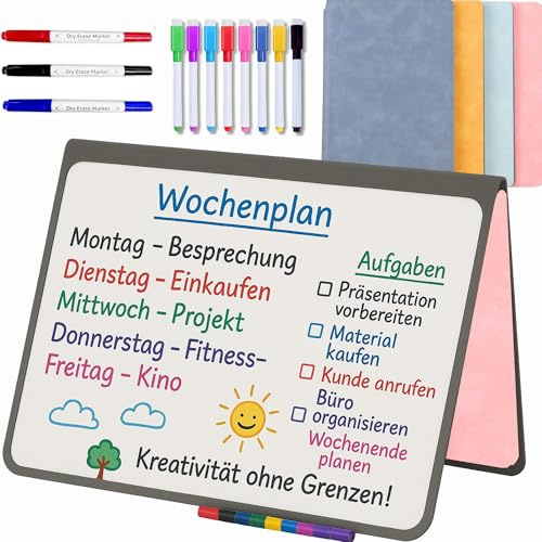 MandA® Kleine weiße Tafel, faltbar, abwischbar und tragbar, magnetische Tafel, 2 x A5 + 11 Filzstifte + Reinigungstuch, Whiteboard-Notizbuch, Bürozubehör, Studie | Rosa