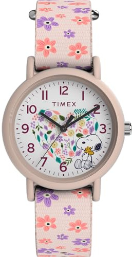 Timex Unisex-Armbanduhr mit Peanuts-Blumenmuster, 34 mm, rosa Armband, weißes Zifferblatt, rosa Gehäuse, Pink/Weiß/Rosa, Stilvoll