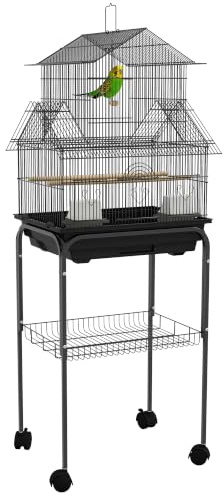 PawHut Bird Cage with Stand Handle for Finch Canary 43.5 x 33 x 121cm Black | Budgie Cage, Slide Tray