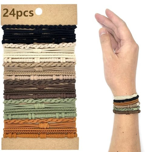 Hebterrka 24 Teiliges Boho Armband Haargummi Set,Boho Haarbänder Zopf Haarbänder,Pferdeschwanz Halter mit 6 Farben und 4 Stilvollen Designs für Damen