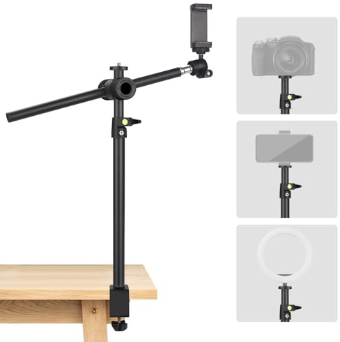 JEBUTU OS01 Camera Desk Mount with Flexible Overhead Boom Arm, 32.5-55cm Adjustable C-clamp Tabletop Light Stand with 1/4 Ball Head for Smartphones, Ring Light, Webcam, Action Cameras