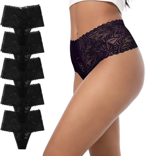 GAREDOB Stringtrosor med hög midja spets full täckning mjuka tangas tropiska växter spetsstring bekväma sexiga underkläder, Tropiska växter spets-svart-5-pack, 4XL