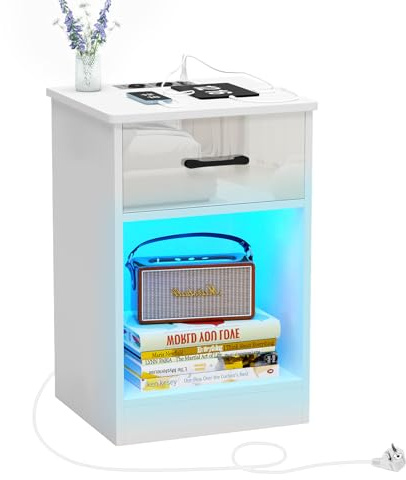 HaodaCulture Comodino Bianco con Prese e Porte USB, Camera da Letto Moderno, Salvaspazio con Scomparti Aperti, per Soggiorno, Cameretta, 40x35x60cm
