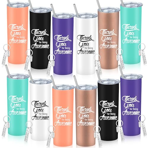 12 Sets Thank You Insulated Tumbler for Women, 600 ml Stainless Steel Travel Mugs Bulk with Lids Straws Keychains, Inspirational Employee Appreciation Cups Christmas Gifts for Men Teacher Coworker