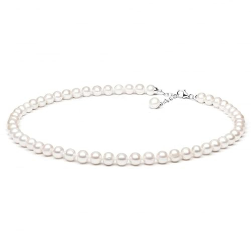 Gaura Perlenkette Damen – Weiße runde Süßwasserperlen 7,5–8 mm • 45–48 cm variabel • Rhodiniertes 925 Sterling Silber • Klassische Princess-Länge & eleganter Damenschmuck