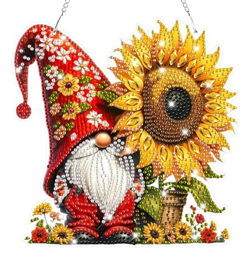 Lxmsja Gnome Diamond Art Hanging Ornaments with Chain for Adults Kids, Special Shaped Diamond Painting Sunflowers Pendant Kits, Hanging Crystal Suncatcher Gem Art Kits for Home Door Wall Decor Gifts
