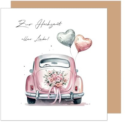 Edition Seidel Premium quadratische Glückwunschkarte zur Hochzeit mit Umschlag. Hochzeitskarte Grußkarte Vermählung Just Married Oldtimer Ballons (HQ122 SW025)