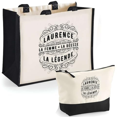 Planetee Duo Cabas Jute et Trousse Noire Laurence Déesse Légende - Cadeau Anniversaire Fête des Mères Noël Femme - Sac Cabas Shopping avec Pochette