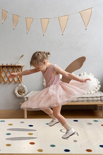 Mazovia Teppich Kinderzimmer 120x170cm Creme Hase Kinder 3D-Muster Stilvoll | Teppich für Wohnzimmer Schlafzimmer Esszimmer Büro Beige Pflegeleicht Tierfreundlich Allergikerfreundlich Mittelflor Elegant