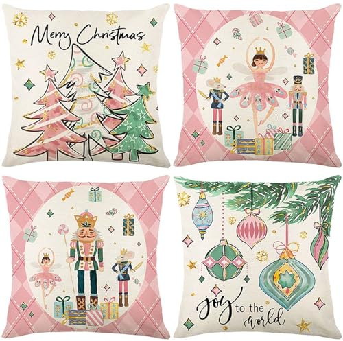 TECHO Cuscini Natalizi per Divano, Rosa Copricuscini Natale Decorazioni, 4 Pezzi Copricuscini 45cmx45cm, Decorazioni Casa per Natalizi, Schiaccianoci, Albero di Natale, Ragazza Balletto