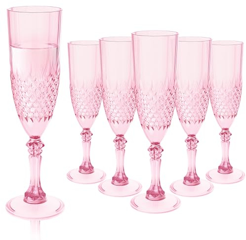 XXUE Plastic Champagne Flutes Set of 6, 200ml Pink Champagne Glasses Unbreakable Shatterproof Reusable, Mimosa Prosecco Wine Stemware for Valentine's Day Wedding Toasting Bachelorette Party Holidays
