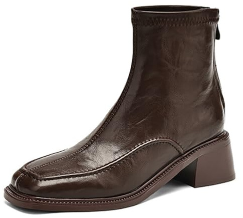 Qynthra Botines Chelsea Clásicos Mujer Tacón Bloque Punta Cuadrada Parte Superior Elástica para Casual Chic & Otoño Invierno Microfibra Cómoda,Marrón,37 EU