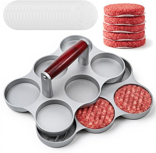 AOZUO Mini Burger Press Small Meat Patty Maker with 300 Patty Papers and 6 Round Shape Press Patty Maker for Mini Hamburger, Barbecue, Picnic, Camping, Six 2.64-inch Slots, 6 Pieces at Once