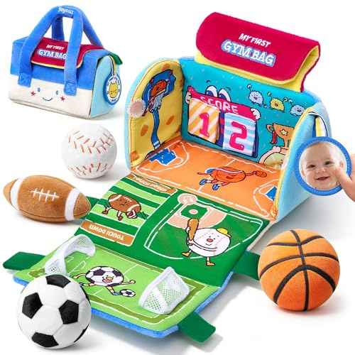 Joycat Baby Toys 0-12 Months, My First Sports Bag Plush Toy | 4 Sensory Balls, Crinkle Rattle for 0-3-6-9-12 Month Newborn Tummy Time Toys, Baby Travel Toy Gifts for Boys Girls