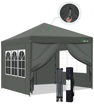 Acepic One-Touch Pop Up Pavillon 3x3 Wasserdicht Stabil Winterfest mit Seitenteile, Pop-Up Faltpavillon mit Schnellem Aufbau, Gartenzelt für Camping, Strand, Party und Flohmarkt, 3x3m, Grau