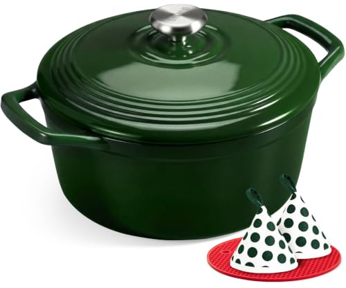 OVERMONT Cocotte in Ghisa Smaltata con Coperchio, 28 cm, Verde Lucido | Calore uniforme per stufare, arrostire e cuocere il pane; per tutti i piani cottura e forno fino a 260 °C, accessori inclusi