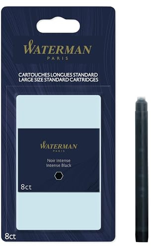 Waterman Fountain Pen Ink Cartridges, Long, Intense Black, 8 Count, Blister Pack