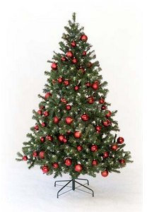 Kunsttanne mit Christbaumschmuck Narwik, Höhe 180cm, mit roten Christbaumkugeln und LED Beleuchtung von kunstpflanzen-discount.com