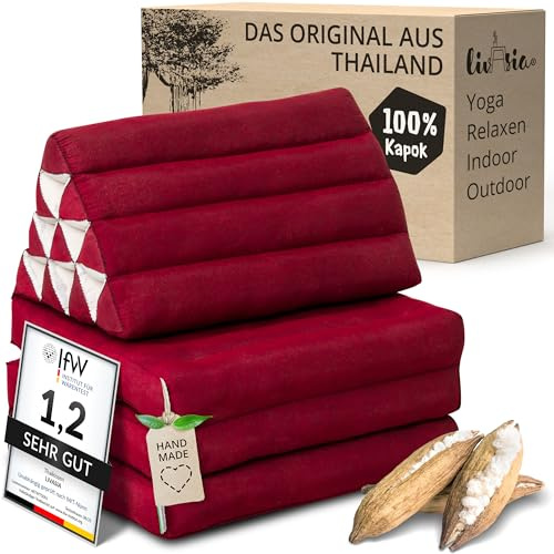 livasia Thaikissen 3 Auflagen einfarbig - 175x50x8cm - Dreieckskissen Klappmatratze, Keilkissen Kapok, Rückenkissen faltbar, Thaimatte Klappen, handgefertigt, Meditationskissen (Rot Uni)