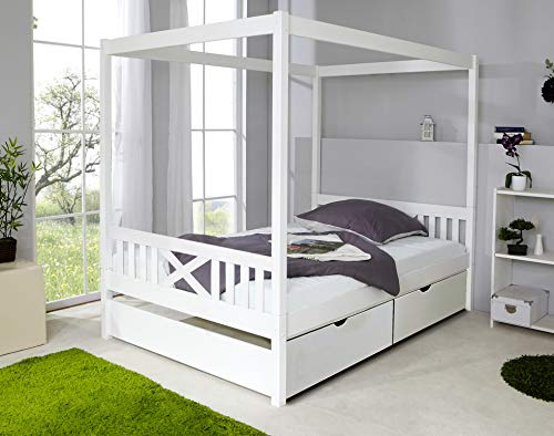 TiCAA Kinderbett Himmelbett mit Schubkasten 140x200 cm, für Jungen & Mädchen, Montessori Bett weiß aus Kiefer Massivholz