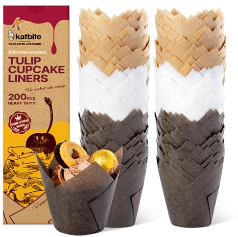 katbite 200 Stück Tulpen Backförmchen, Muffin Backbecher aus Papier Cupcake Einlagen für Party (Classic Color)