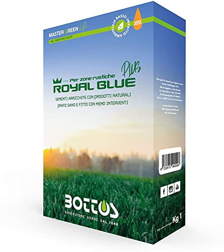 Royal Blue Plus Graines de gazon idéales pour les zones rustiques, 1 kg + engrais pour gazon Bottos Bio Start 12 – 20 – 15 – 2 kg – 2 kg – Avec gants VF utiles en nitrile/nylon.