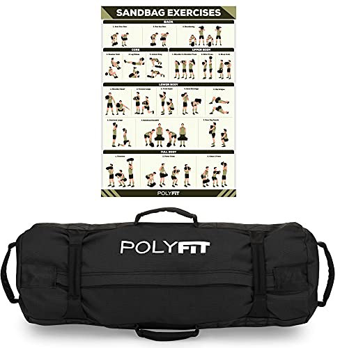 Polyfit Workout Sandsack für Fitness - Robuster Sandsack Workout Taschen mit 8 Griffgriffen für Sandsack Krafttraining (13,6 kg bis 34 kg) - Schwarz