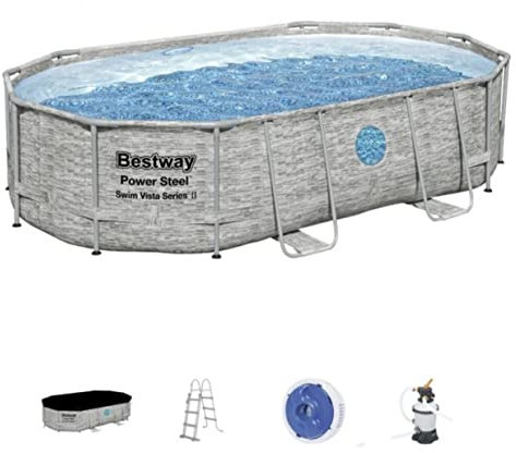 Bestway 56946 Set Piscina Fuori Terra Power Steel Swim Vista Series Ovale Con Oblò da 488x305x107 cm