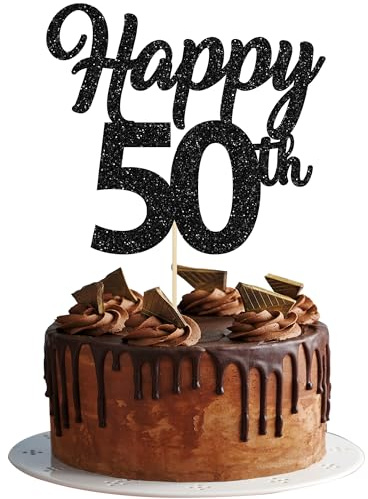 3Pcs Happy 50th Cake Topper Black Glitter Number 50 Fifty Birthday Cake Pick Decorations for Cheers to 50 Years Old 50th Birthday Wedding Anniversary Party Supplies