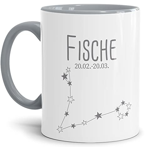 Tasse mit Sternzeichen Fische - Sternbild Kaffeetasse mit Spruch - Geschenk zum Geburtstag, Horoskop, Astronomie - Keramik Innen & Henkel Grau, 300 ml | Fische