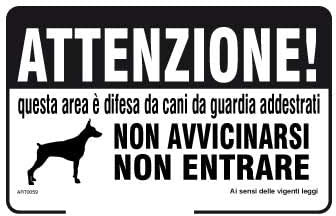 NEW CARTELLO SEGNALETICO - Attenzione! Quest'area è difesa da cani da guardia addestrati non avvicinarsi non entrare (PANNELLO IN ALLUMINIO 20X31 CM)