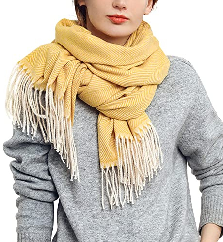 Camilife Damen Webschal Schal Lange Schal Breite Shawl mit Fransen Elegant Damenschal aus Kaschmirimitat Winterschal Umhängetuch Modisch Warm Einfach Basic 70×180cm - Fischgrät Muster Einfarbig