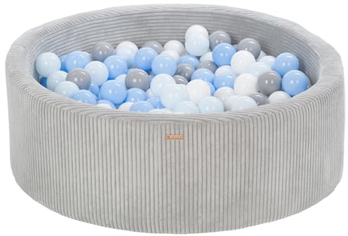 Bällebad Bällepool Bällebecken Spielbecken Kordsamt-Bezug 300 Bälle rund ⌀90 cm (Farbe des Pools/der Bälle: grau/weiß, grau, hellblau, blau (pastell))