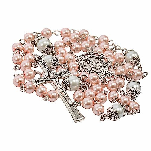 Nazareth Store Perlen-Rosenkranz, weiße Vaterunser-Perlen-Halskette, Lourdes-Medaille und Kreuz, Kruzifix, spirituelle Hingabe (Rosa)
