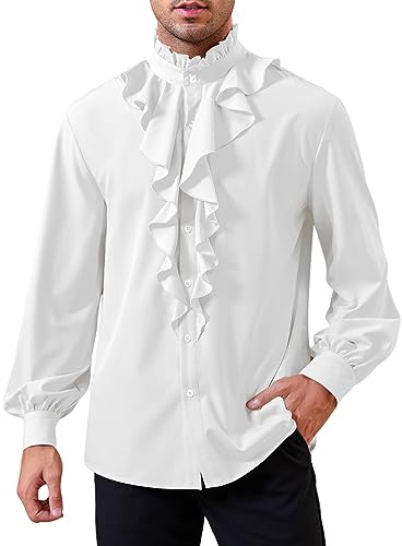 GAMISOTE Chemise médiévale pour homme gothique à volants à manches longues, haut de pirate, chemise steampunk de la Renaissance, blanc, M