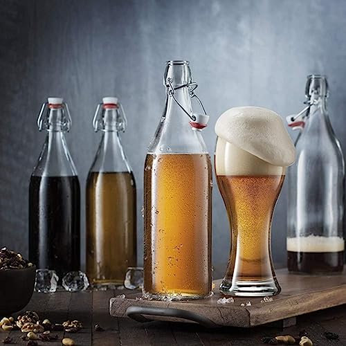 Brezzycloud Rocco Swing Top Bottles 1000ml-4 Pack Round Clear Glass Grolsch Flip Top Bottle With Stopper, for Beverages, Smoothies, Kefir, Beer, Soda, Juicing, Kombucha, Water, Milk and Vinegar