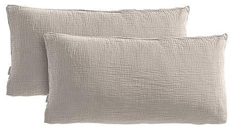 Pure Label Musselin Kissenbezug 40x80 2er Set aus 100% Baumwolle - Traumhaft weiche, kuschelige Musselin Kissenbezug-Set in Taupe
